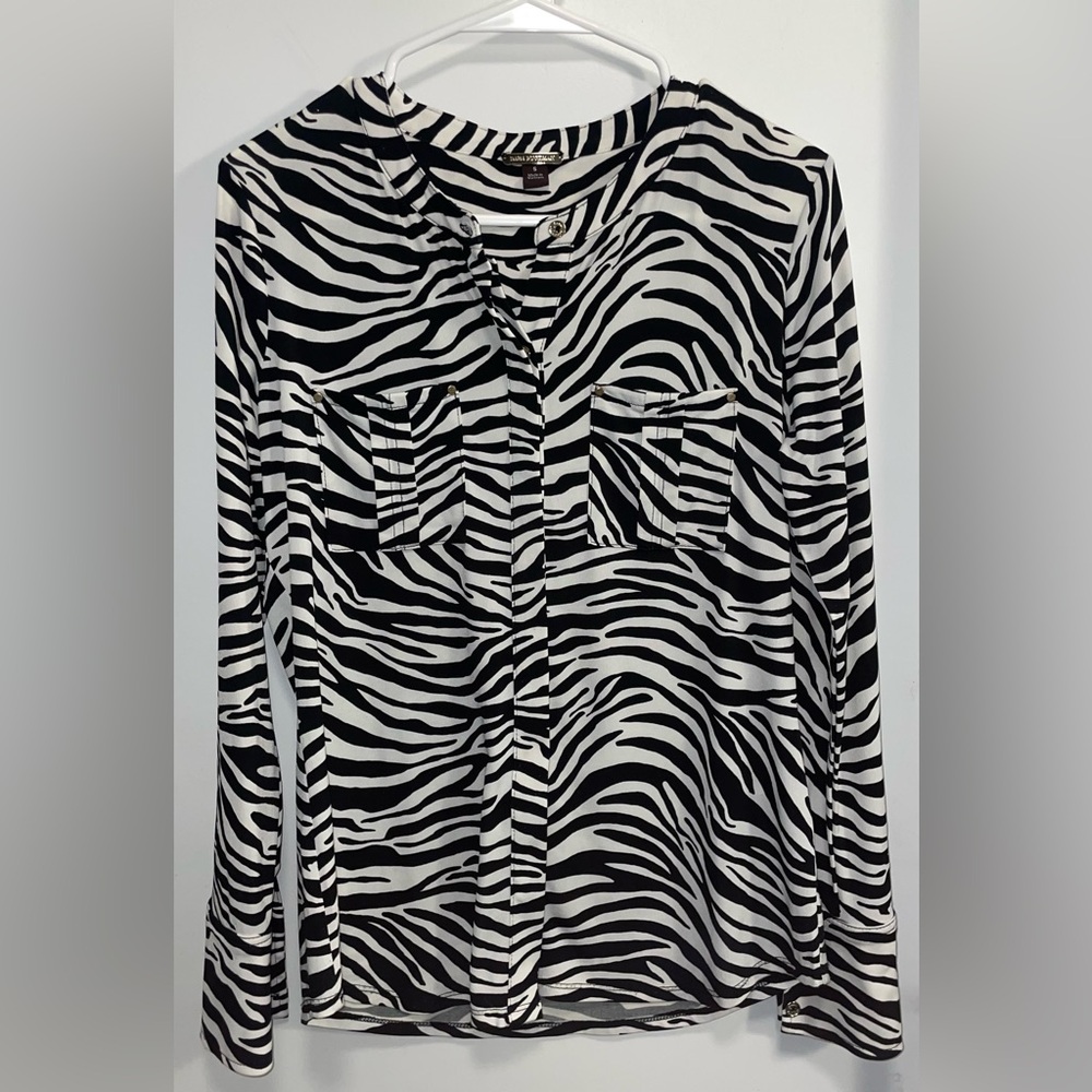 Dana Buchman Zebra Pattern Button Down Shirt with Notched Collar